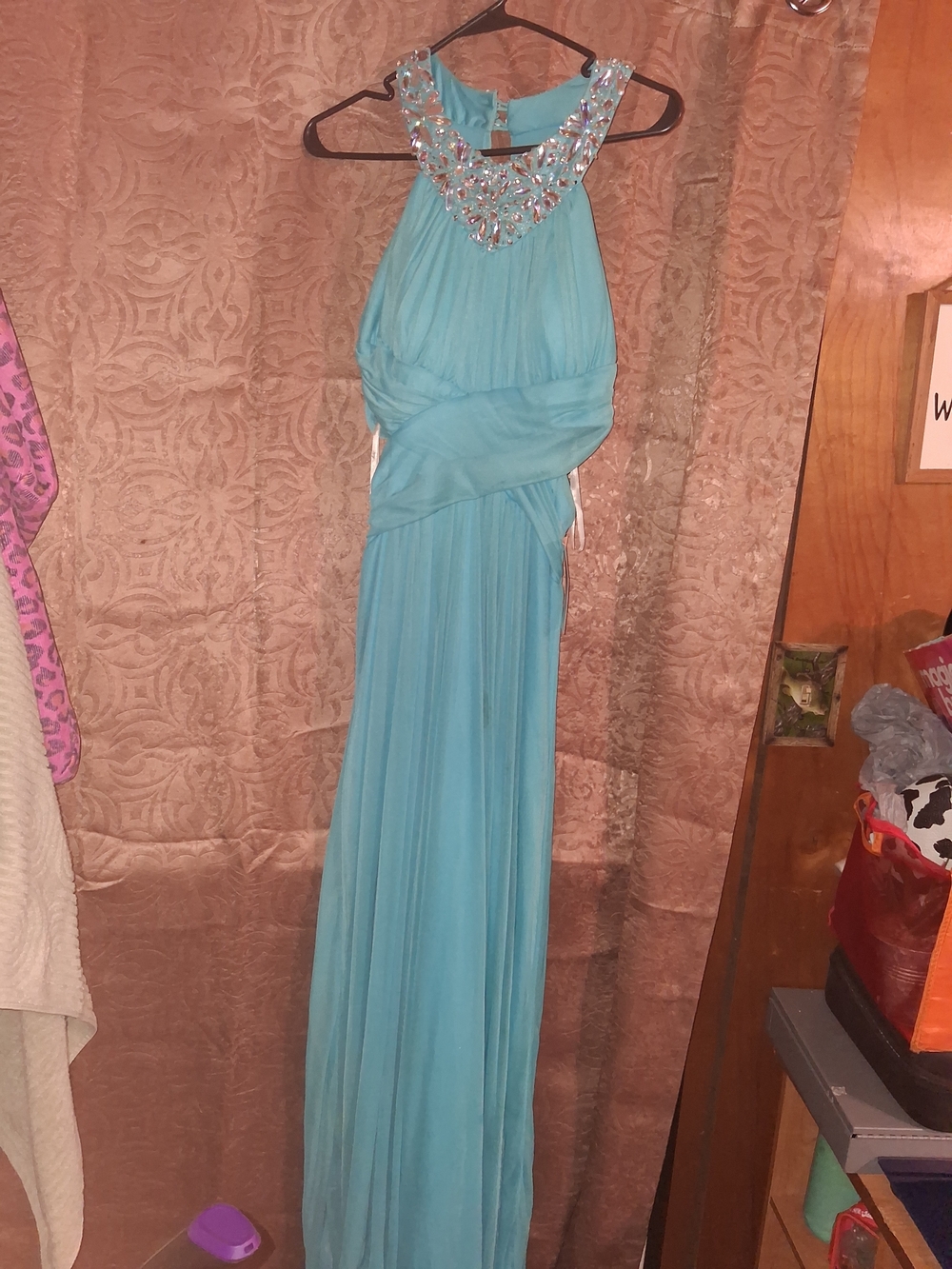 B Darlin Turquoise Beaded Halter Prom Dress